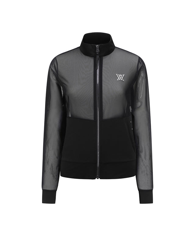 ANEW Golf Women's IT Mesh Full Zip-Up Jacket in black, featuring a stylish design with nickel-colored zippers and stud work on pockets.